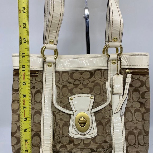 COACH XL Tan White Jacquard Fabric Shoulder Bag - Picture 4 of 12